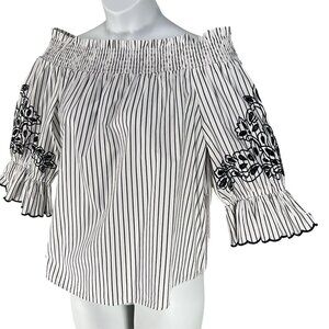 Chicos NWT Womens 3X Smocked Off Shoulder Poplin Tunic Top Embroidery 3/4 Sleeve